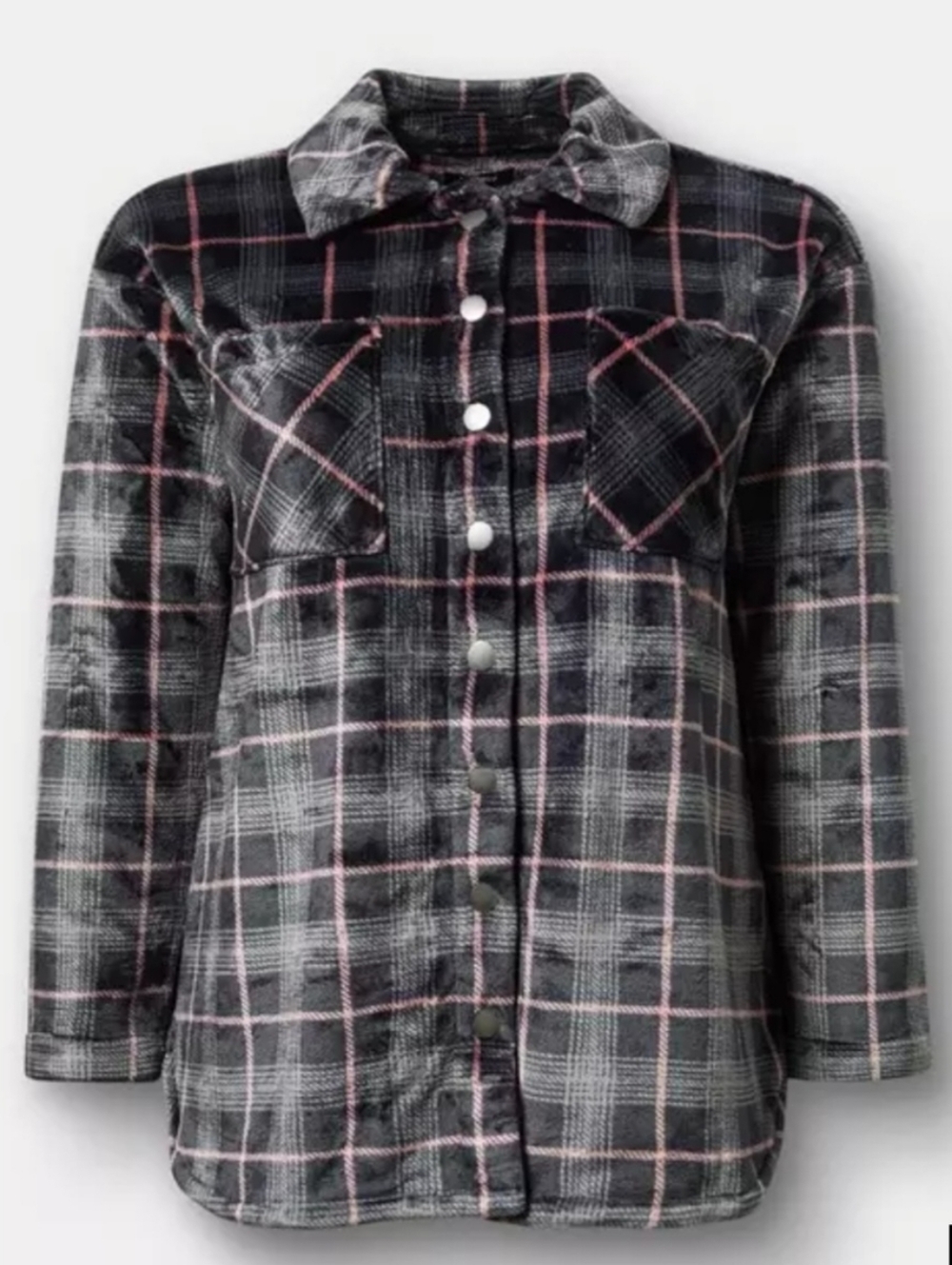 Torrid Black Plaid Button-Front Snap Gront Shacket with Pink Accents 3x